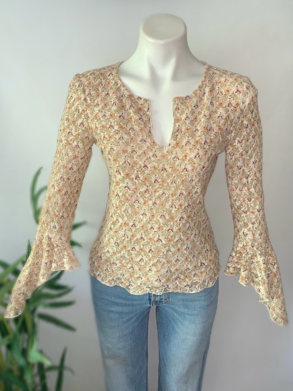 Vintage Y2K Floral Mesh Flutter Bell Sleeve Top